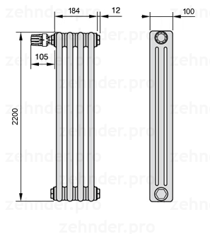 Схема (чертеж) Радиатор Zehnder Charleston 3220/4 №V012 Белый глянцевый RAL 9016